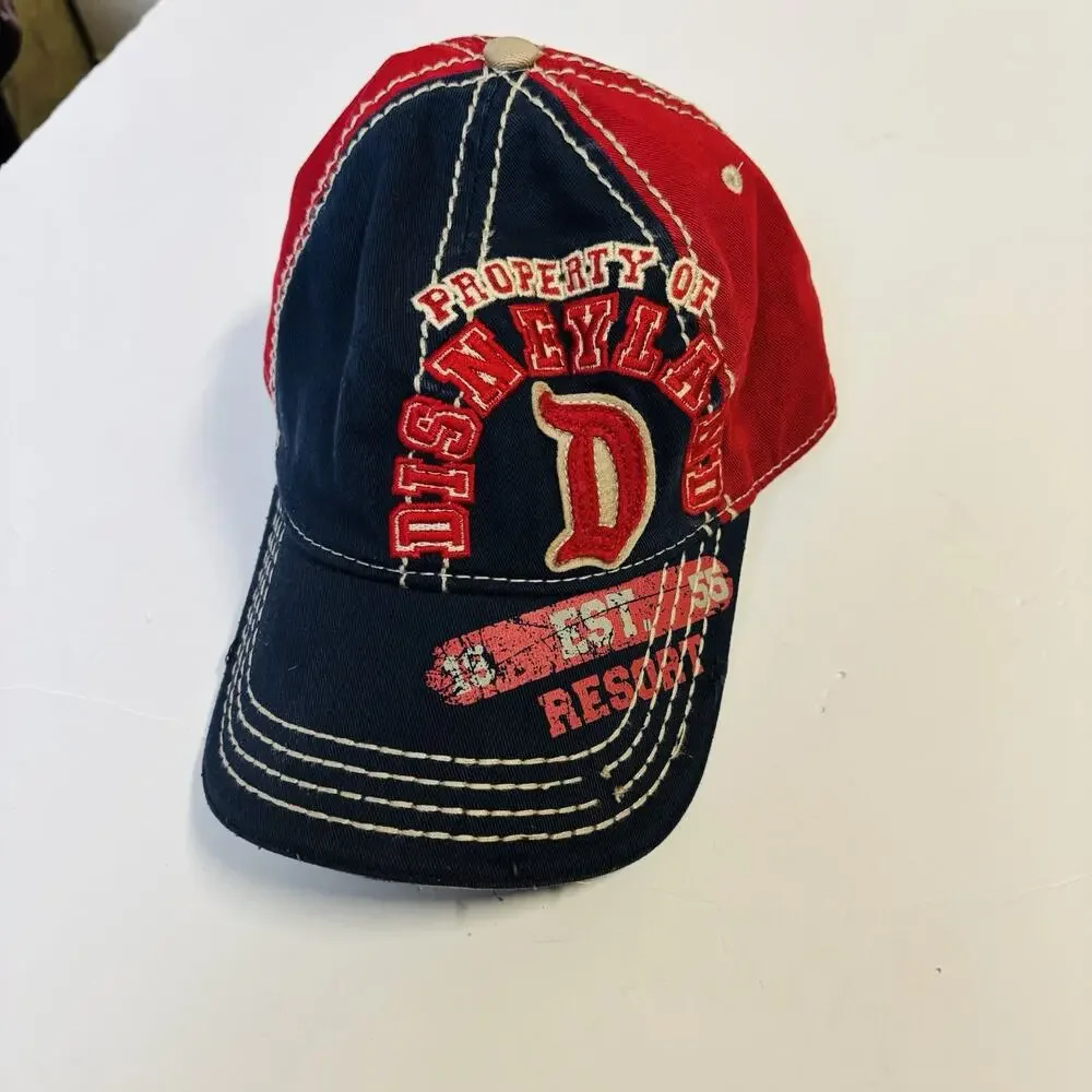 DISNEY. ADULT BLUE/RED/BIEGE DISTRESSED DISNEY STRAPBACK HAT - Very Clean.